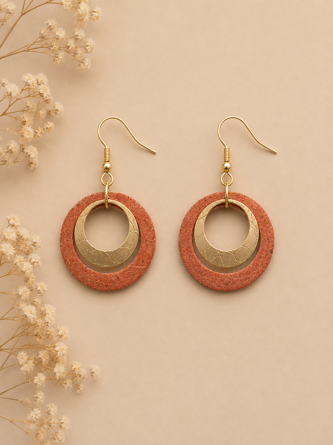 Round copper cork fabric earrings with gold color ring