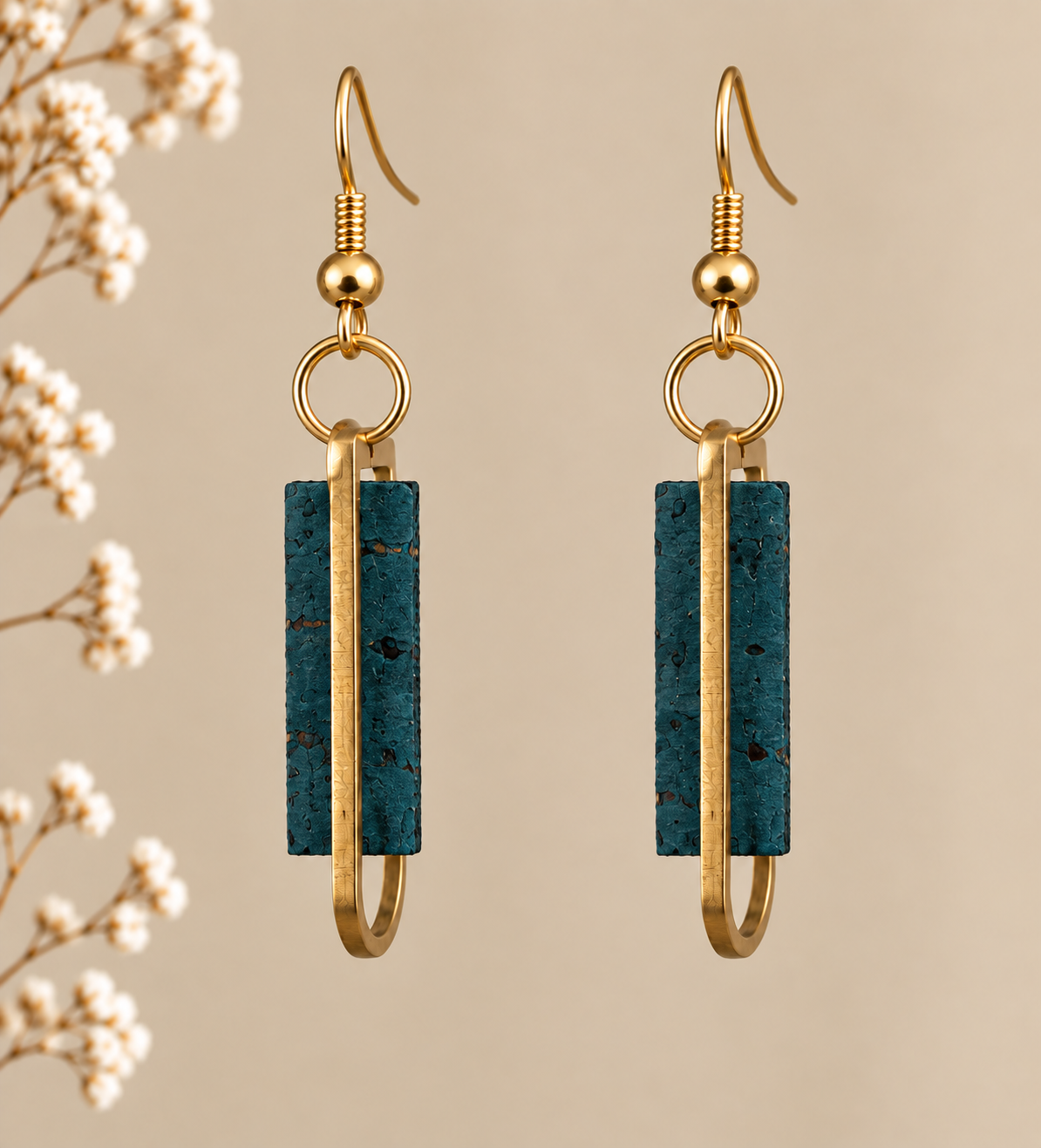 Teal color cork fabric earrings with gold color geometric frames