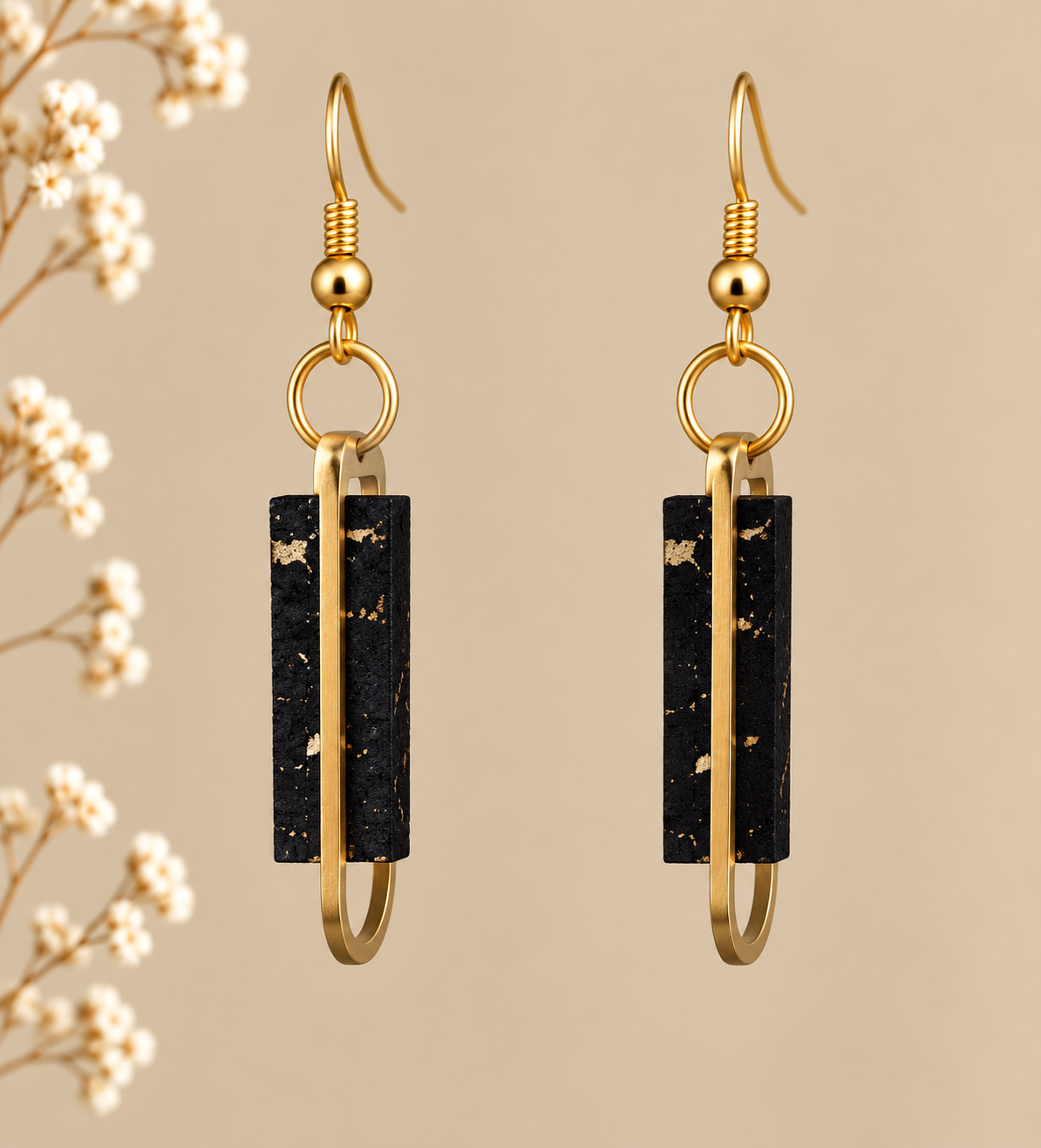 Black and Gold color cork fabric earrings with gold color geometric frames