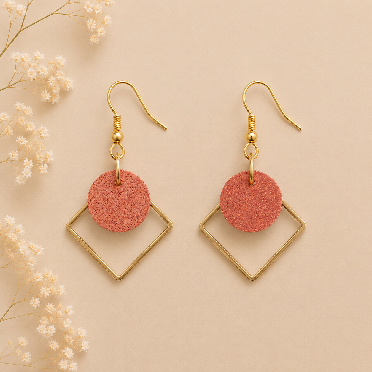 Round copper color cork fabric earrings with gold color diamond-shaped frames