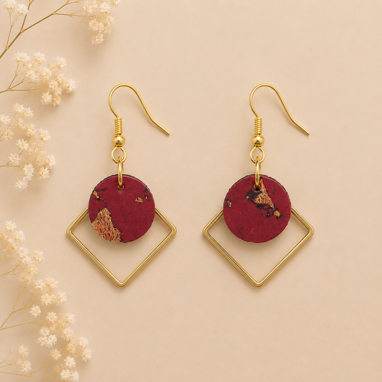 Round wine color cork fabric earrings with gold color diamond-shaped frames