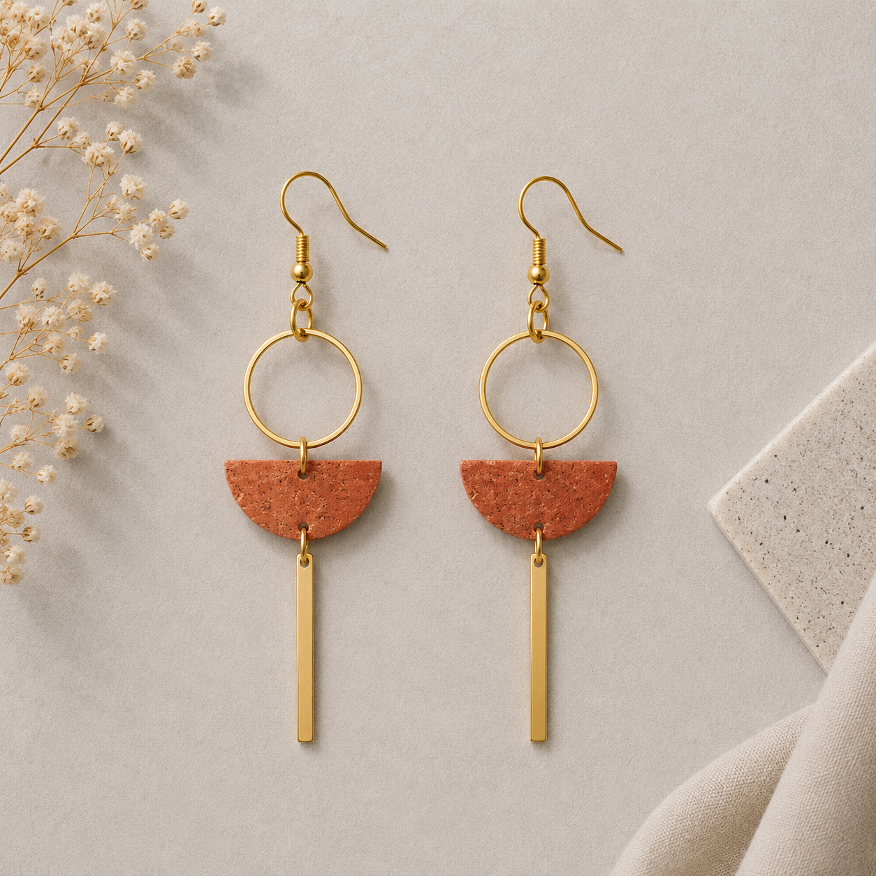 Geometric copper cork fabric earrings with gold color hoop and bar
