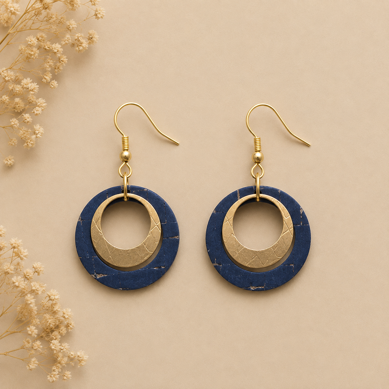 Round black gold cork fabric earrings with gold color ring
