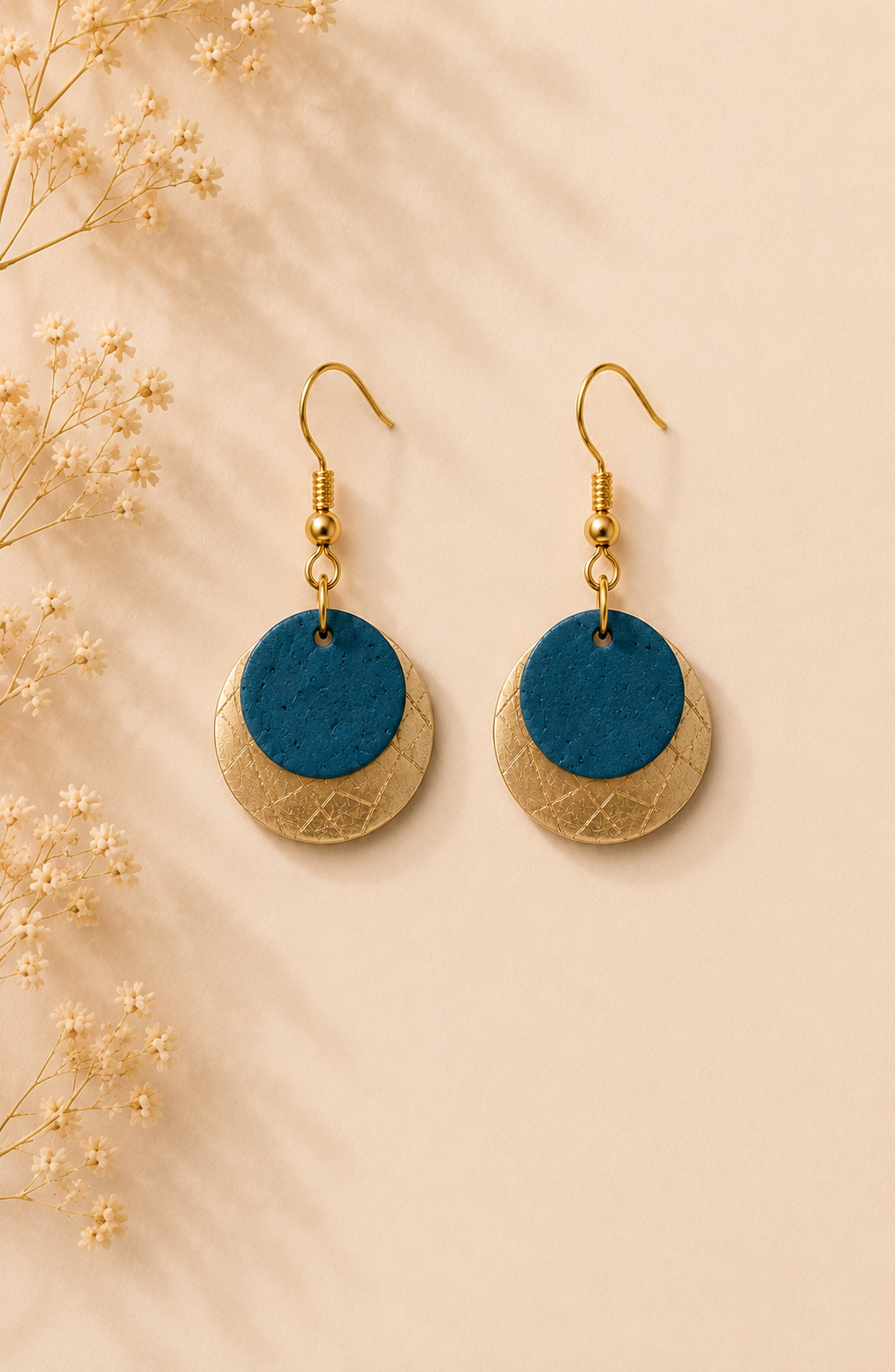 Round Teal cork fabric earrings with gold-tone hardware