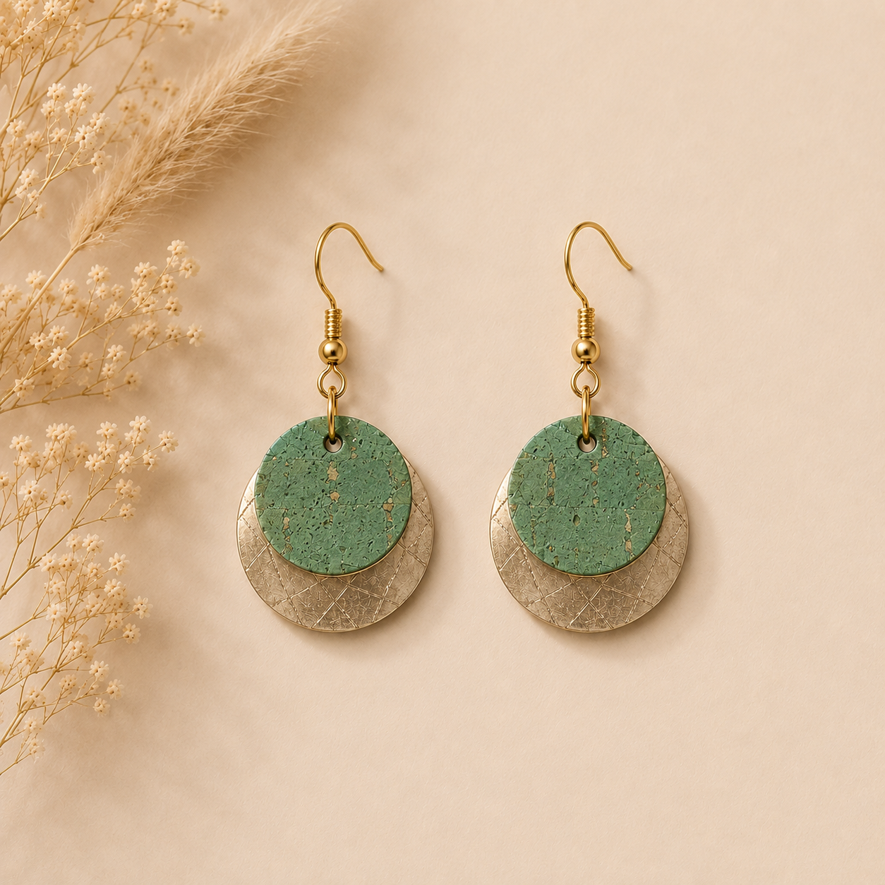 Round Green cork fabric earrings with gold-tone hardware