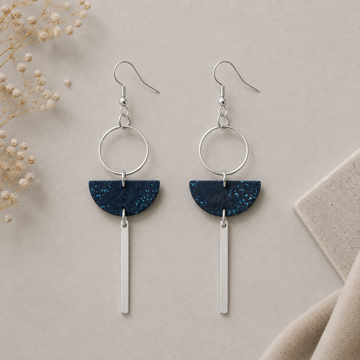 Geometric midnight color cork fabric earrings with silver color hoop and bar