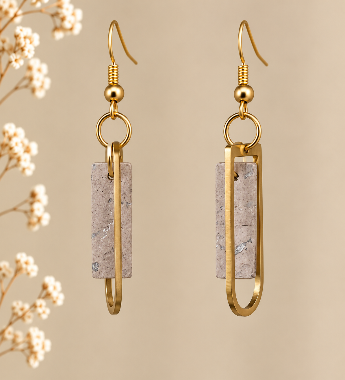White color cork fabric earrings with gold color geometric frames