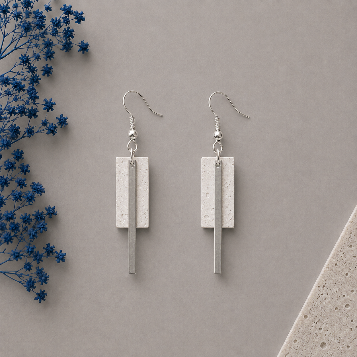 Geometric white cork fabric earrings with sleek silver colorcolor bar