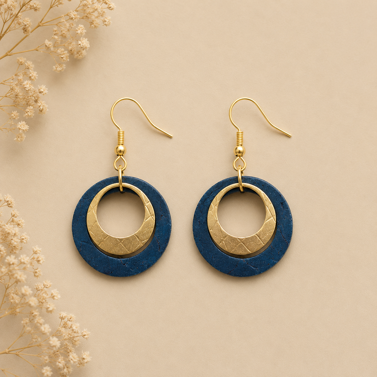 Round teal cork fabric earrings with gold color ring