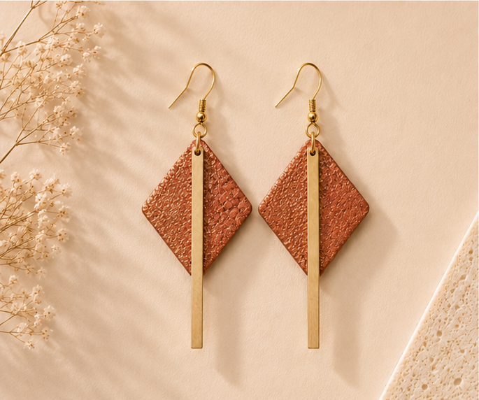 Diamond-shaped copper cork fabric earrings with sleek gold-color bar