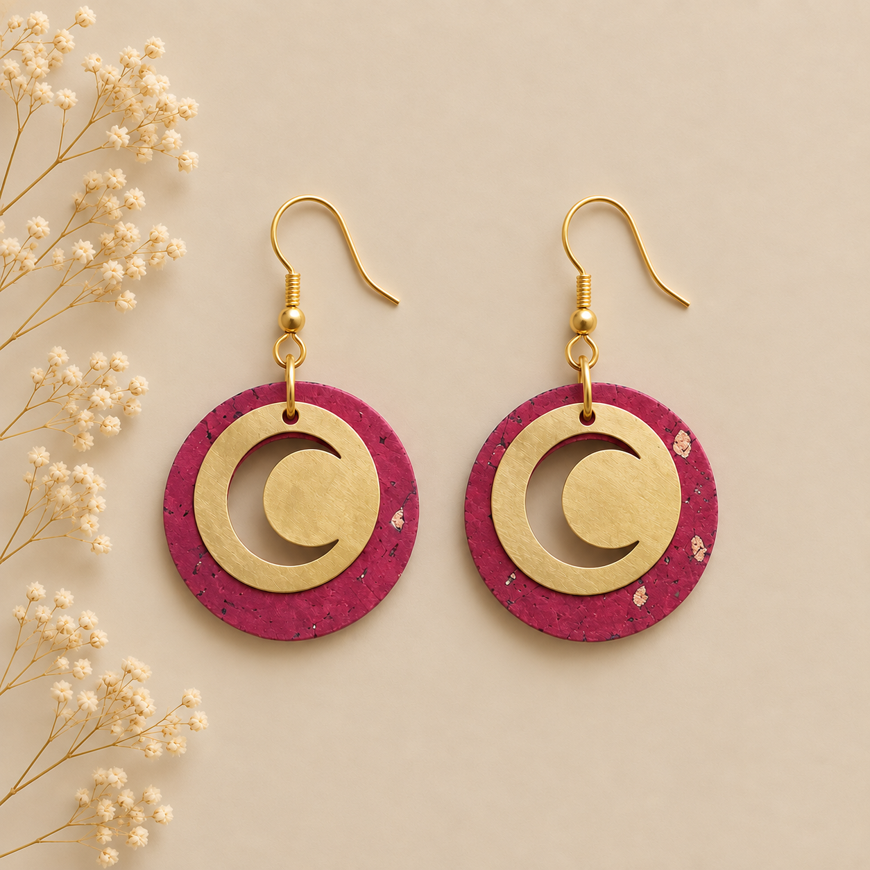 Round wine color cork fabric earrings with gold color crescent moon details.