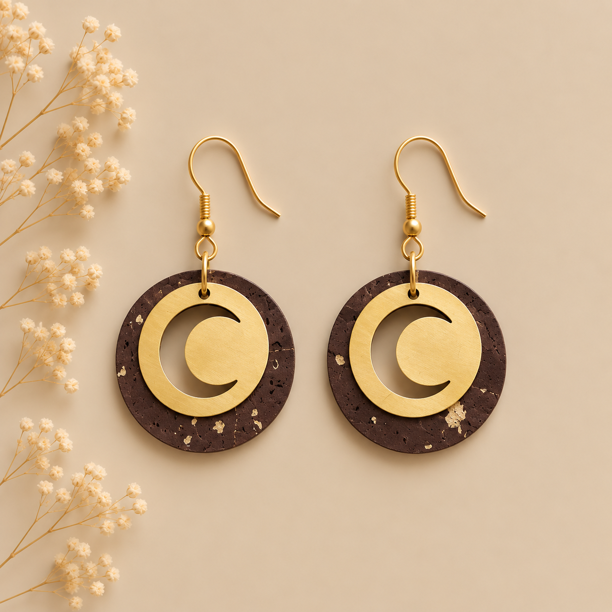 Round brown cork fabric earrings with gold color crescent moon details.
