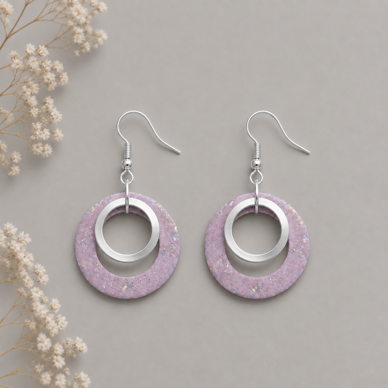 Round rose gold cork fabric earrings with silver color ring
