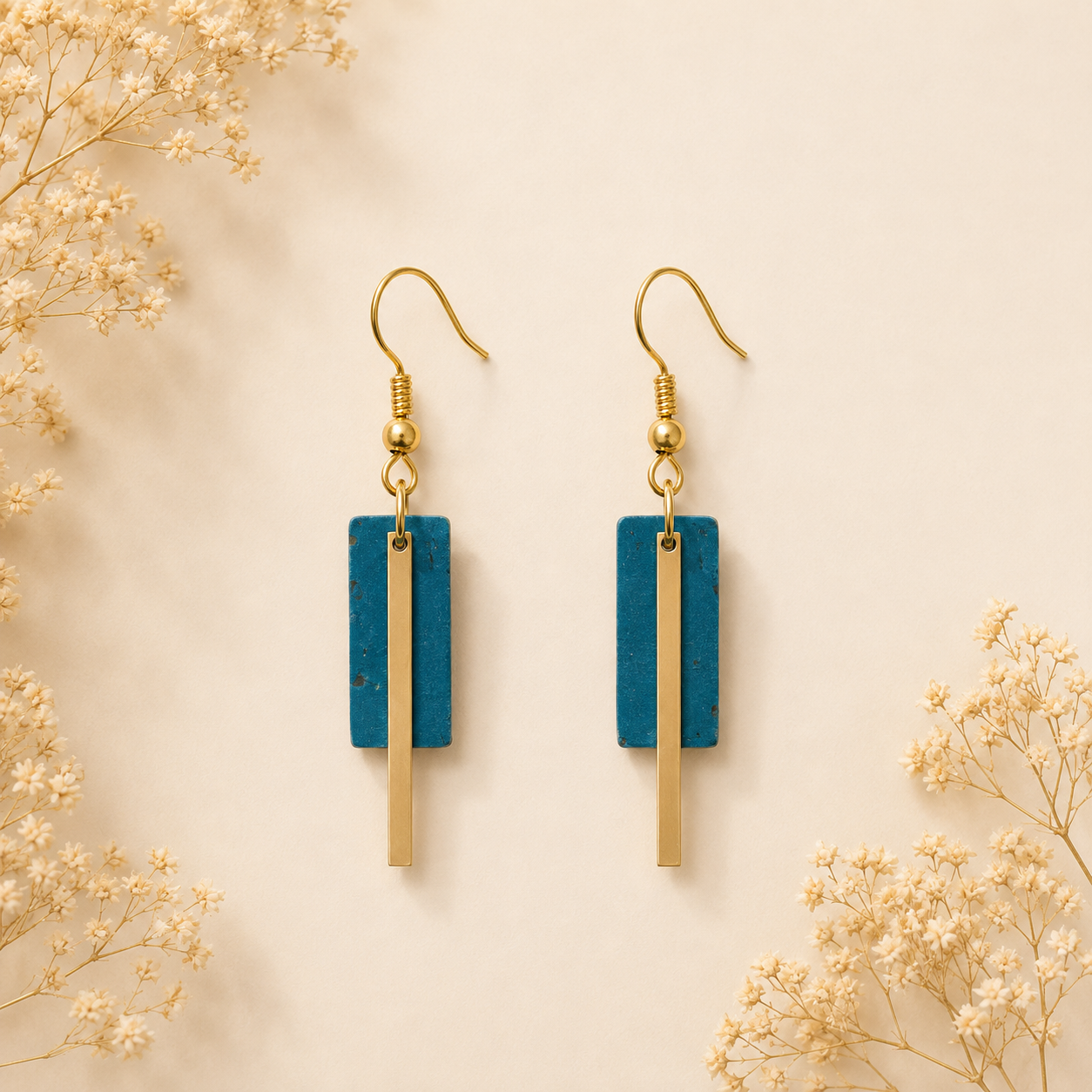 Geometric teal cork fabric earrings with sleek gold color bar