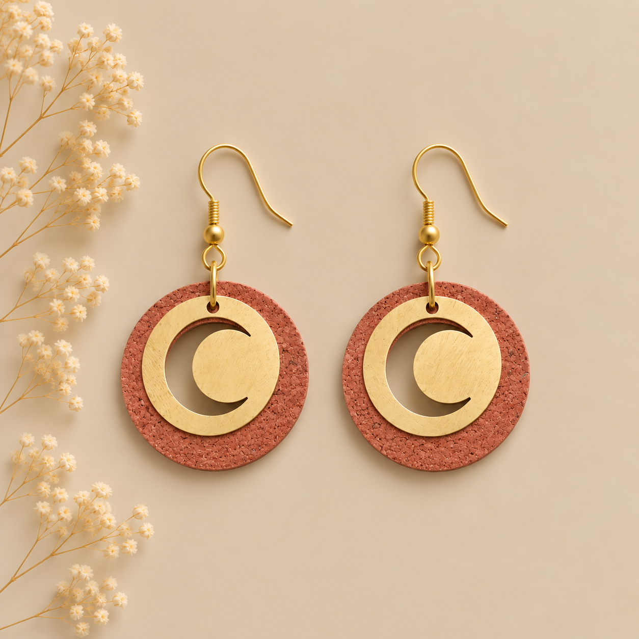 Round copper cork fabric earrings with gold color crescent moon details.