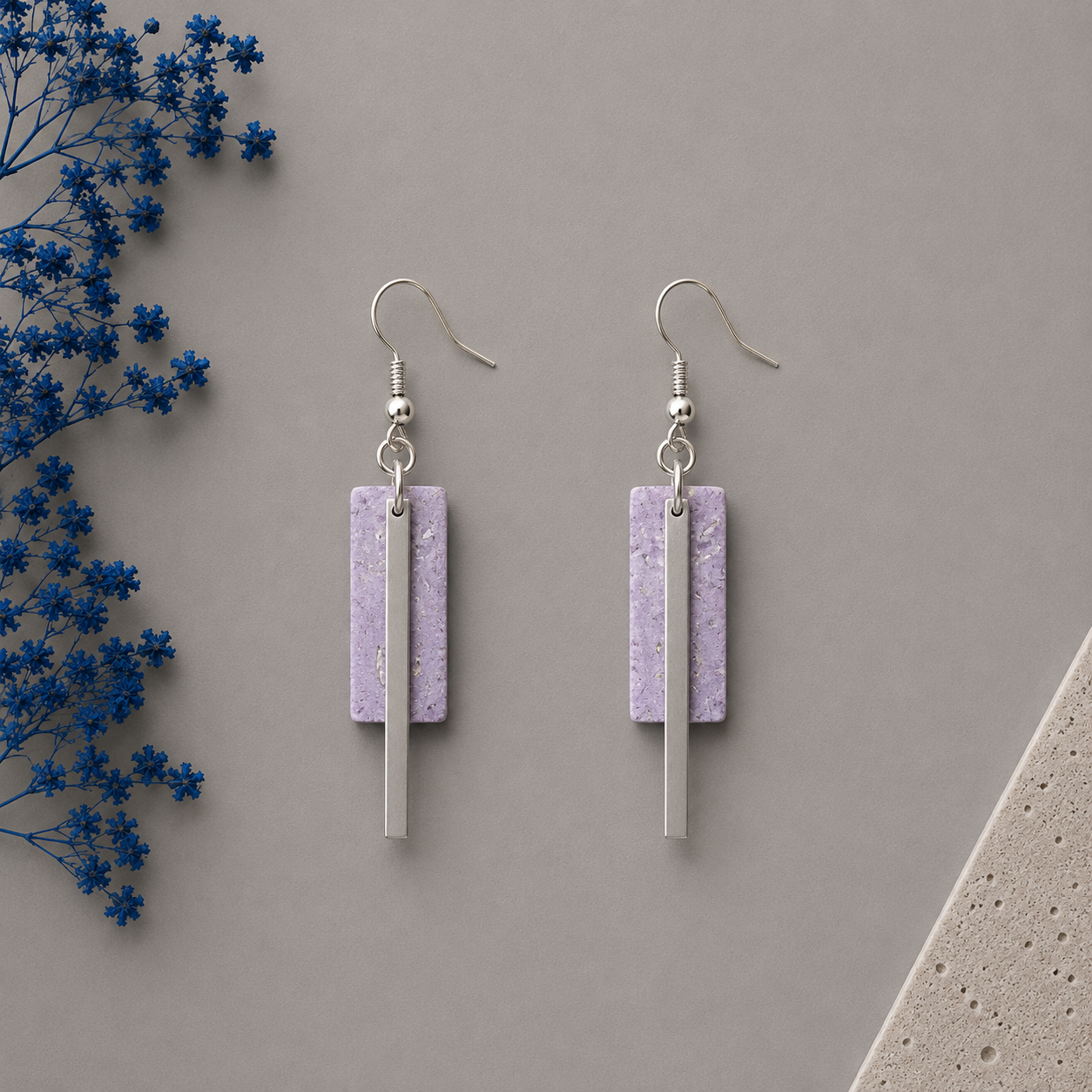 Geometric rose gold cork fabric earrings with sleek silver color bar