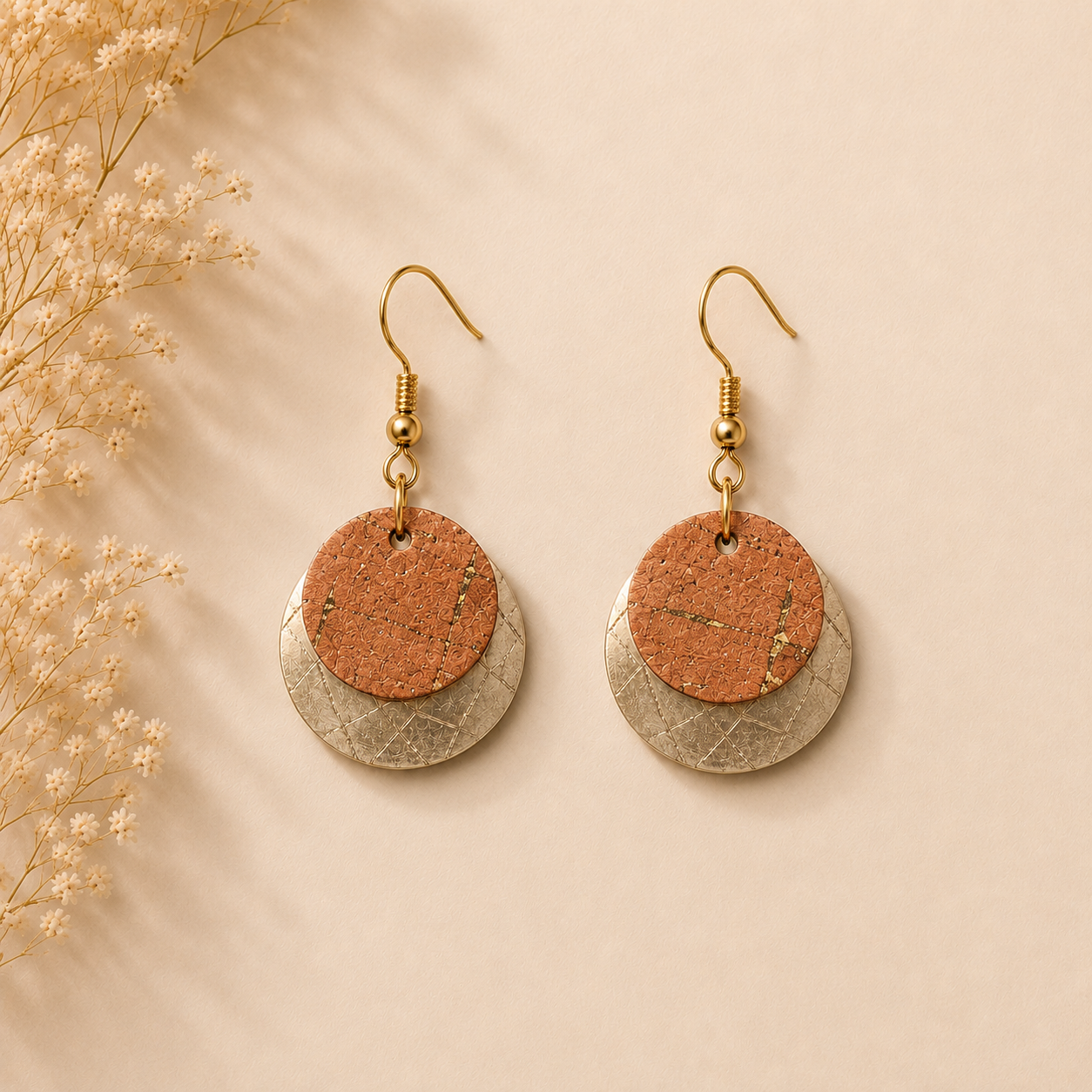 Round copper cork fabric earrings with gold-tone hardware