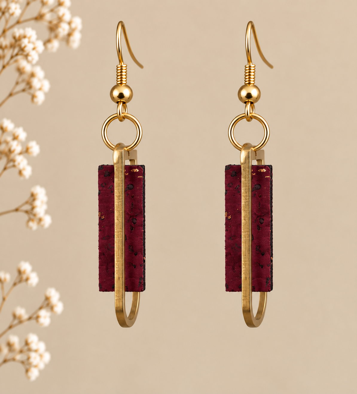 Wine color cork fabric earrings with gold color geometric frames