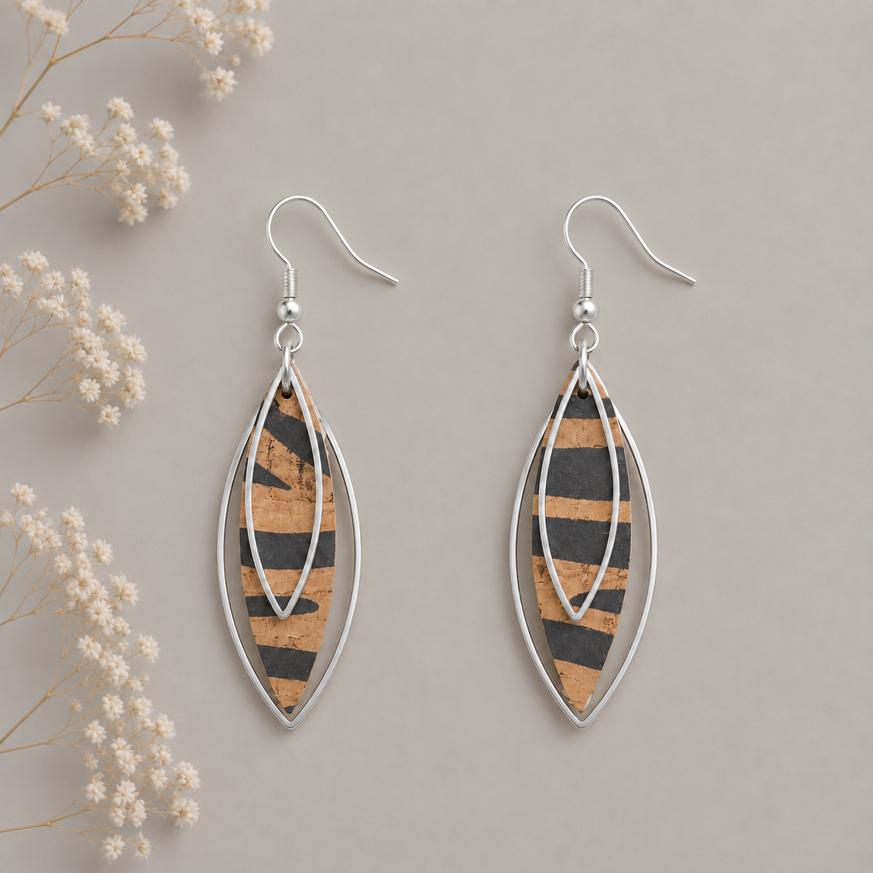 Leaf-shaped zebra striped cork fabric earrings with silver color layered frames