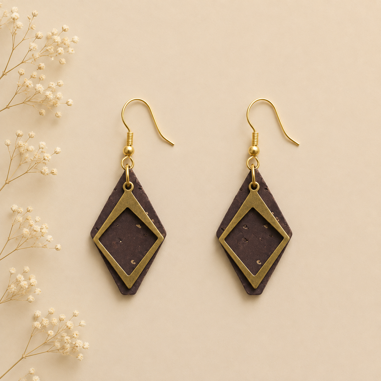 Brown cork fabric earrings with gold flecks and layered gold diamond-shaped frames