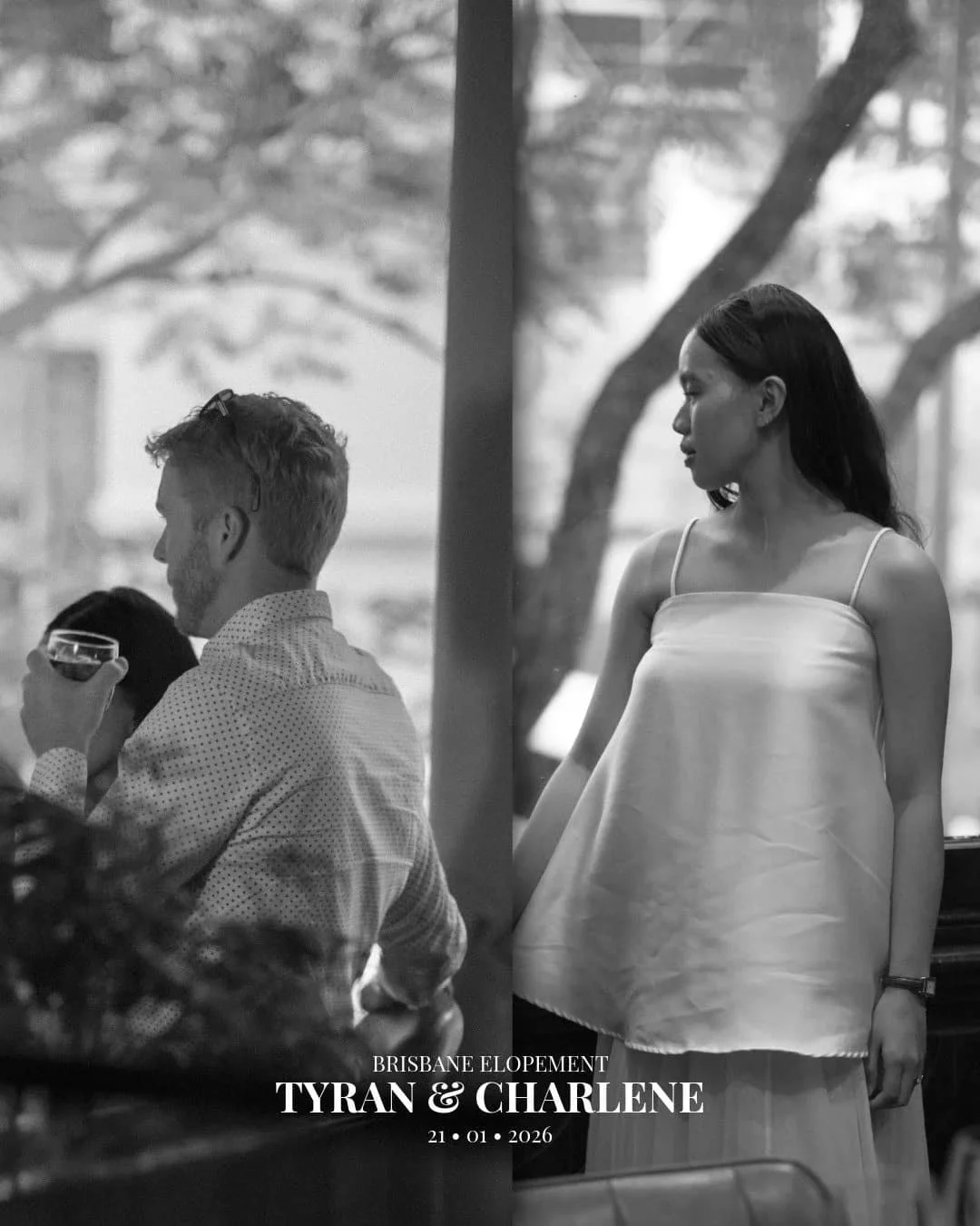 Black and white candid from Tyran and Charlene’s Brisbane elopement