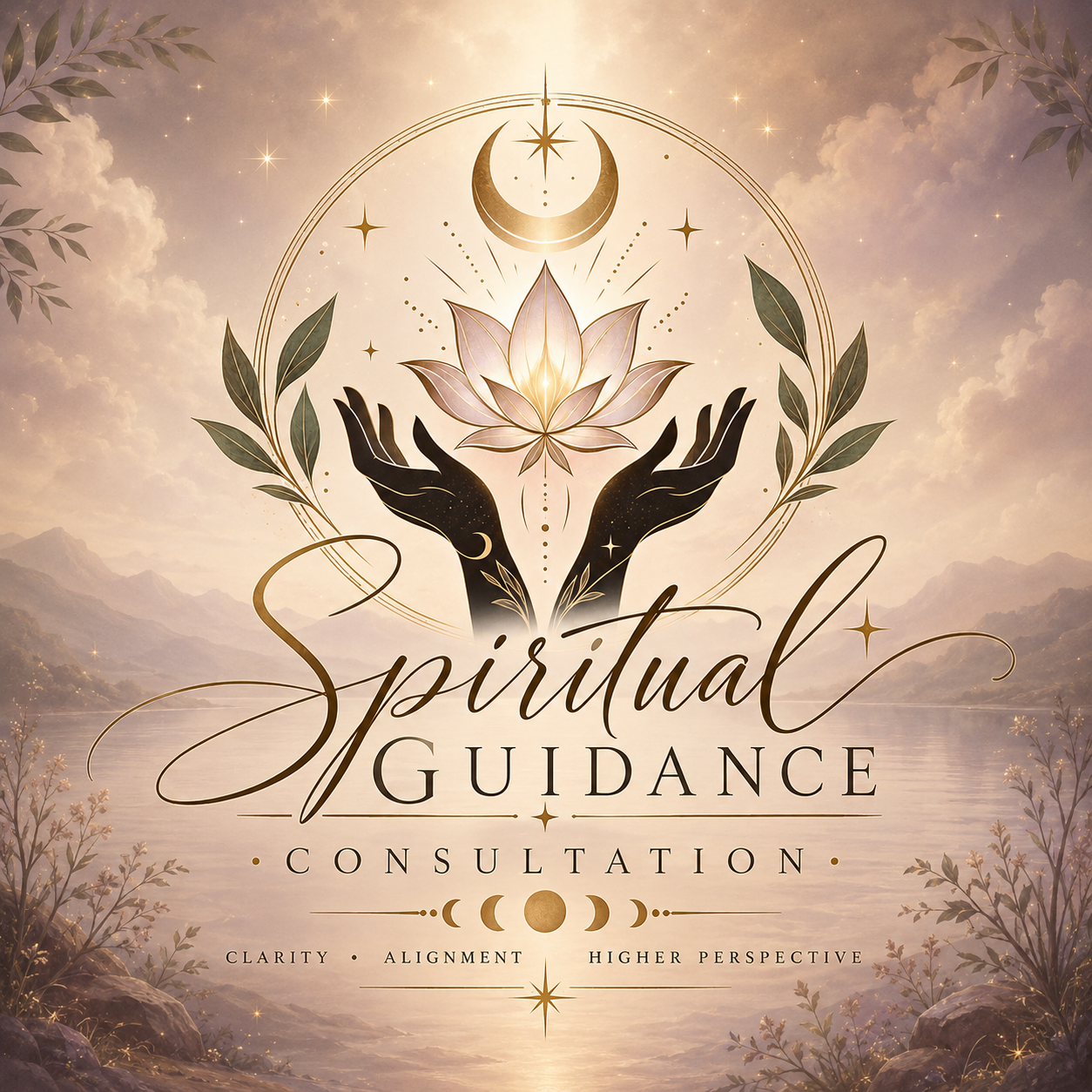 Artwork with hands holding glowing lotus flower, moon phases, stars, and celestial symbols, promoting spiritual guidance, clarity, alignment, and higher perspective.