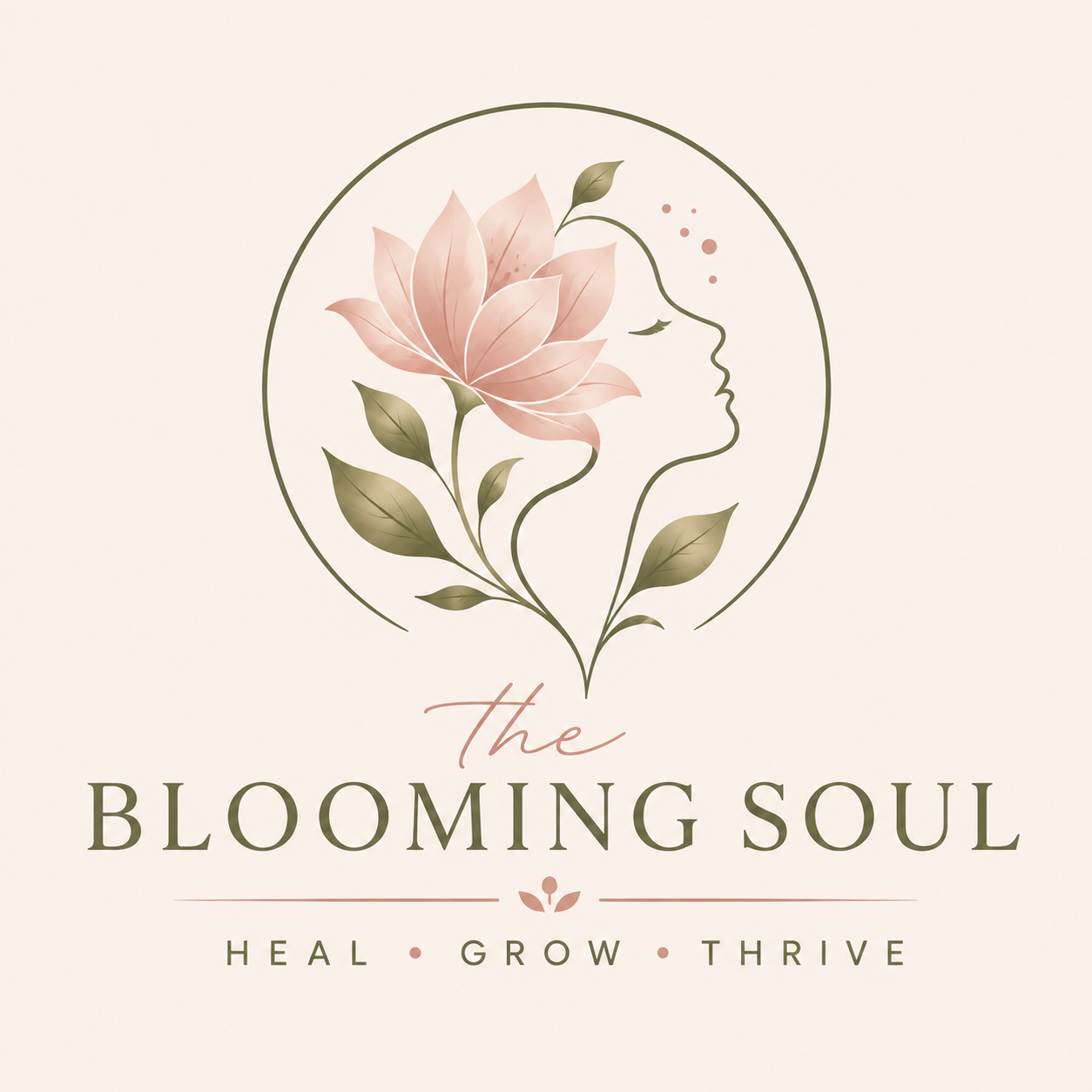 Logo for The Blooming Soul featuring a face in profile, a pink floral design, and the words "the BLooming Soul" with the tagline "Heal, Grow, Thrive."
