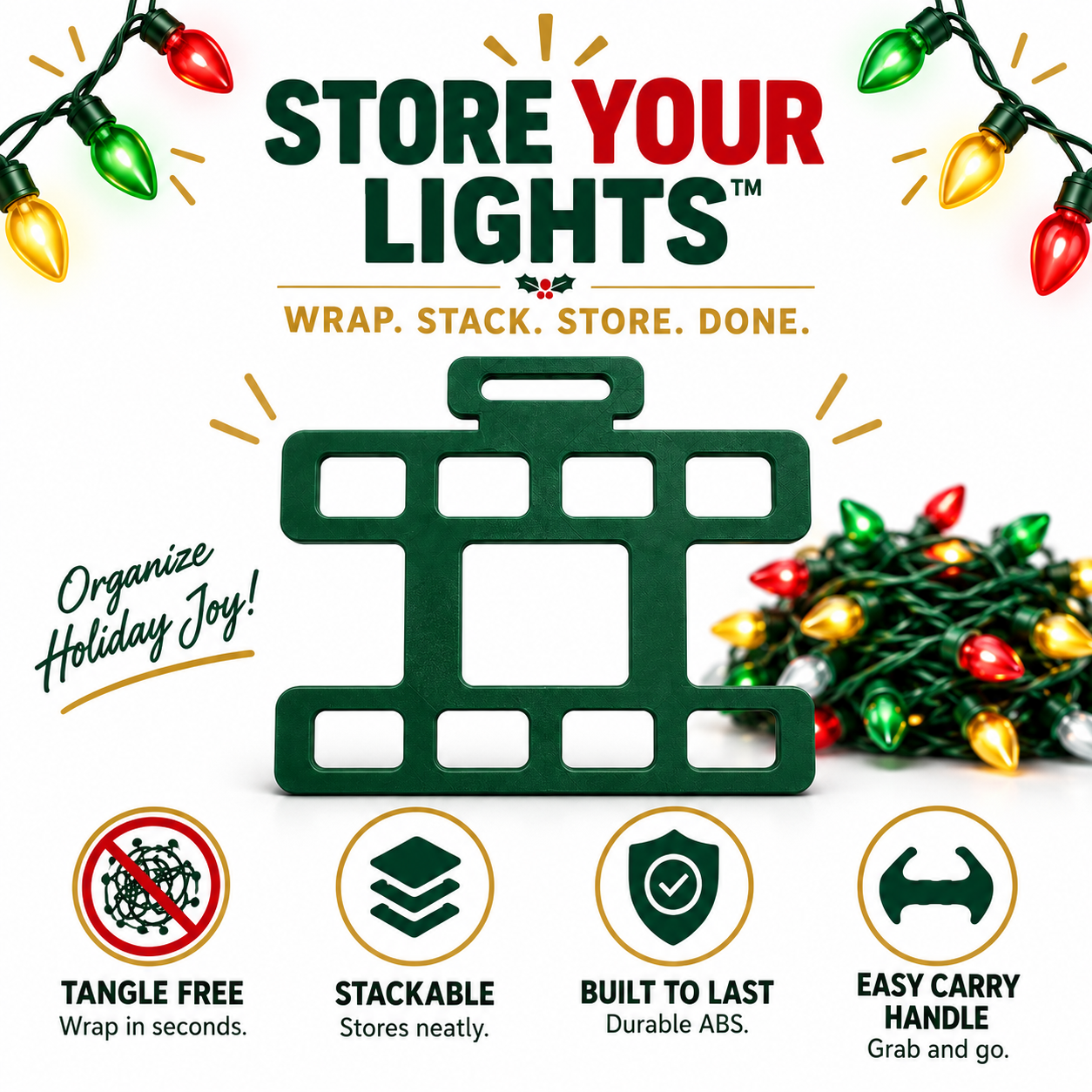 Light Wrangler Christmas light organizer showing tangle-free storage, stackable design and easy carrying