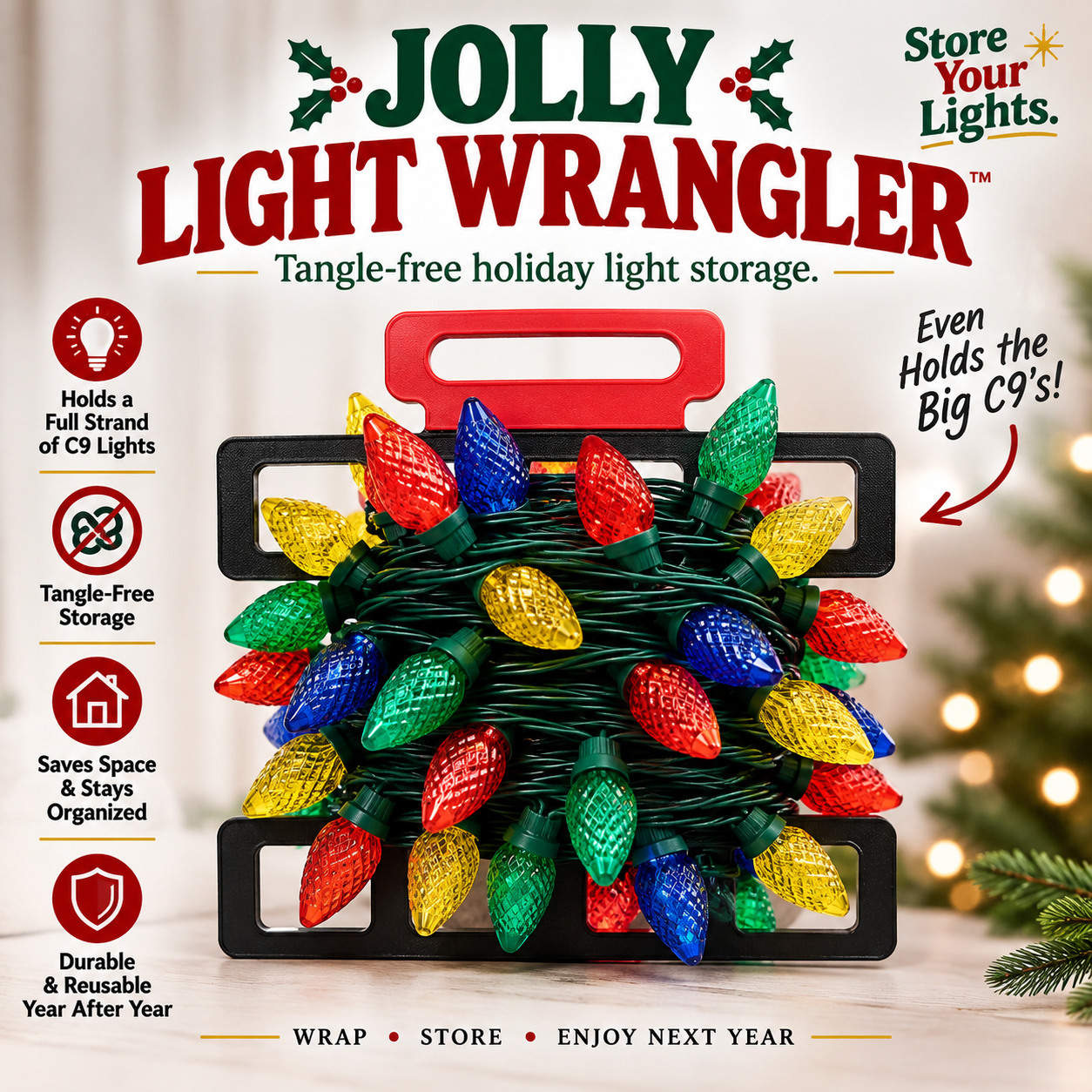 Jolly Light Wrangler holding a full strand of C9 Christmas lights for tangle-free holiday light storage