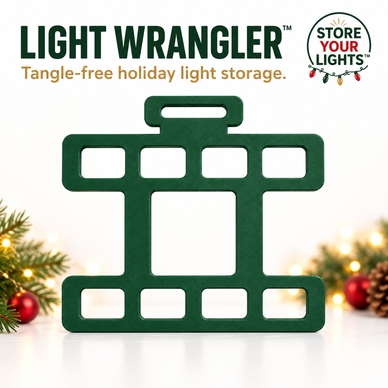 Light Wrangler Christmas light storage organizer with integrated carry handle