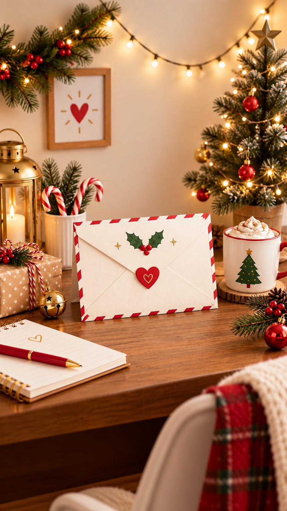 Festive Christmas scene with wrapped gifts, holiday lights and seasonal decorations.