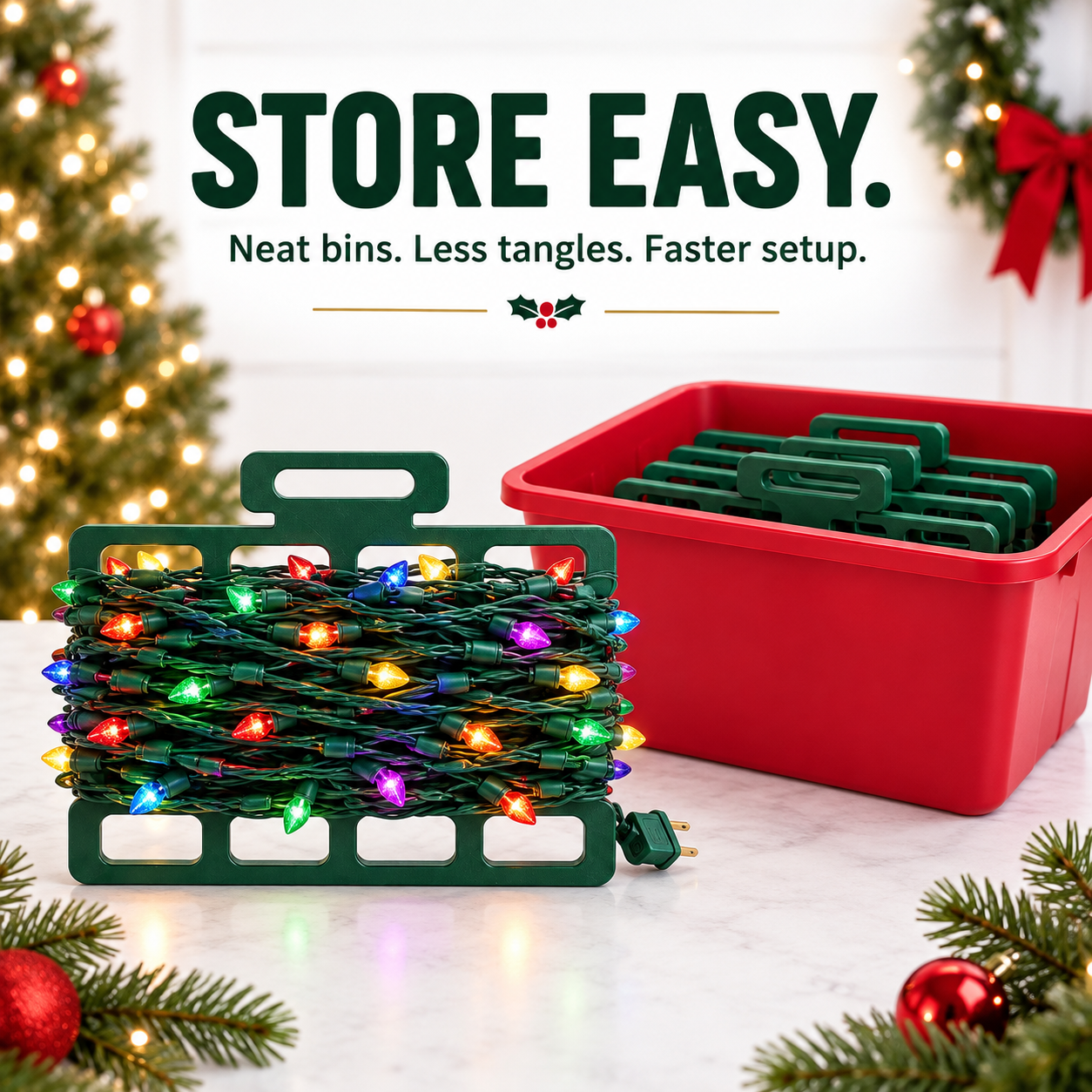 Store Your Lights Christmas light storage bin with organized Light Wranglers and holiday decorations.