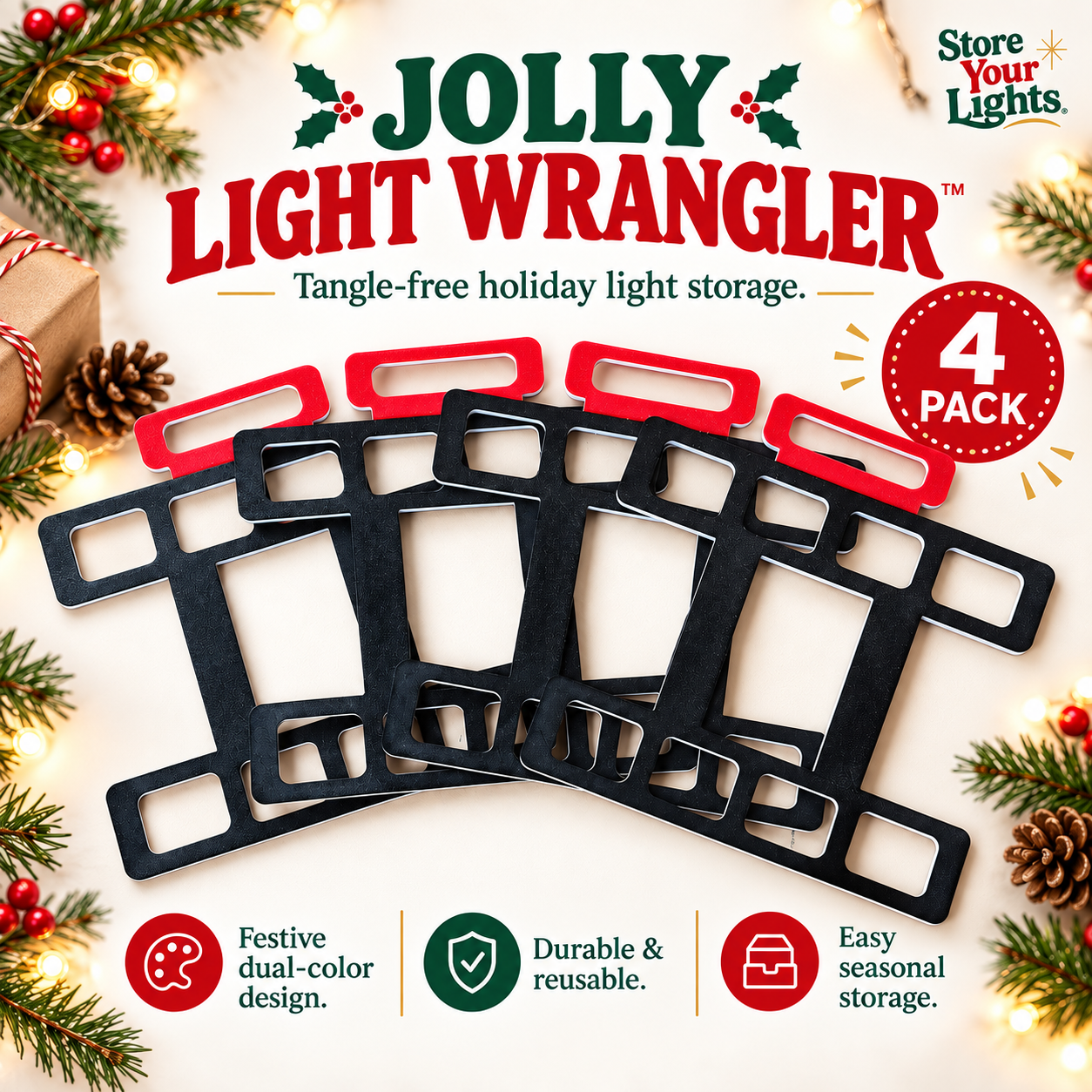 Jolly Light Wrangler 4 pack with red handles, black bodies and white accents for organized Christmas light storage