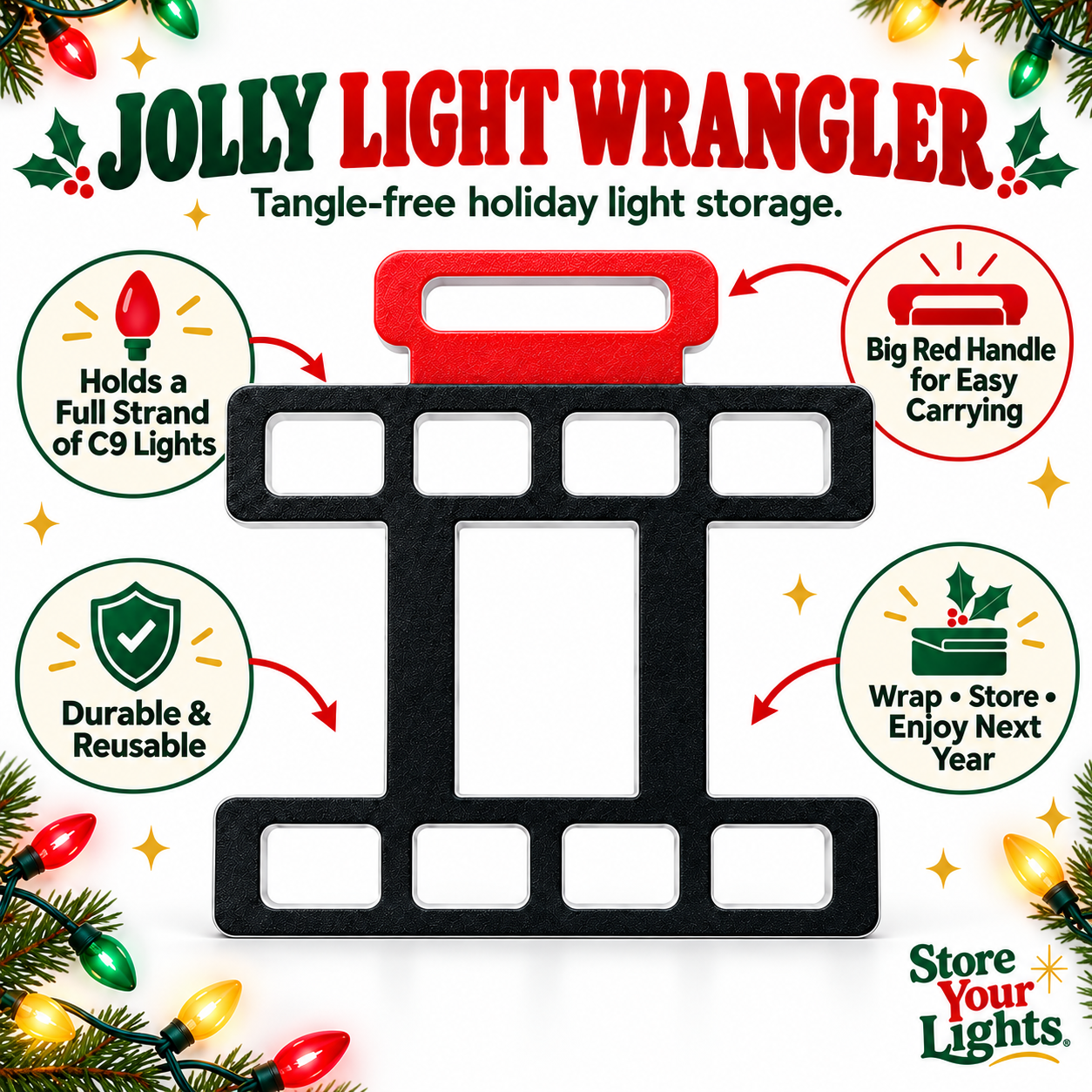 Jolly Light Wrangler reusable Christmas light storage organizer with carry handle and full-strand C9 capacity