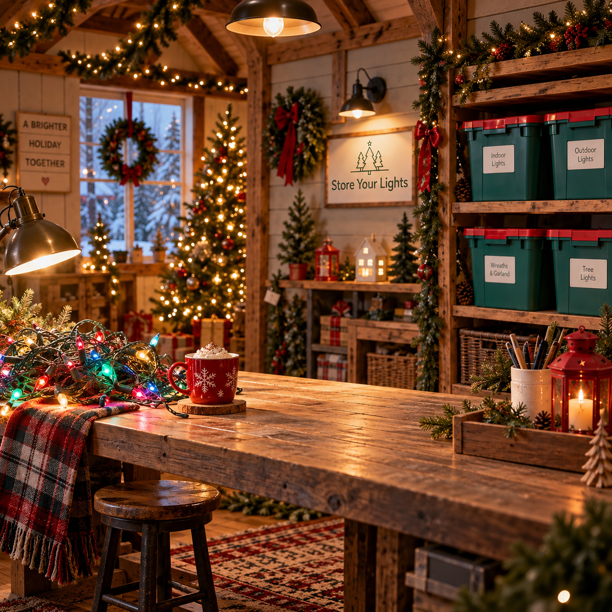 Cozy Christmas workshop scene with holiday lights, decorations, and seasonal storage.