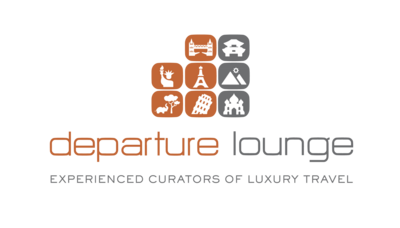 Logo for Departure Lounge, experienced curators of luxury travel, featuring icons of plane, car, chef, and luxury amenities.