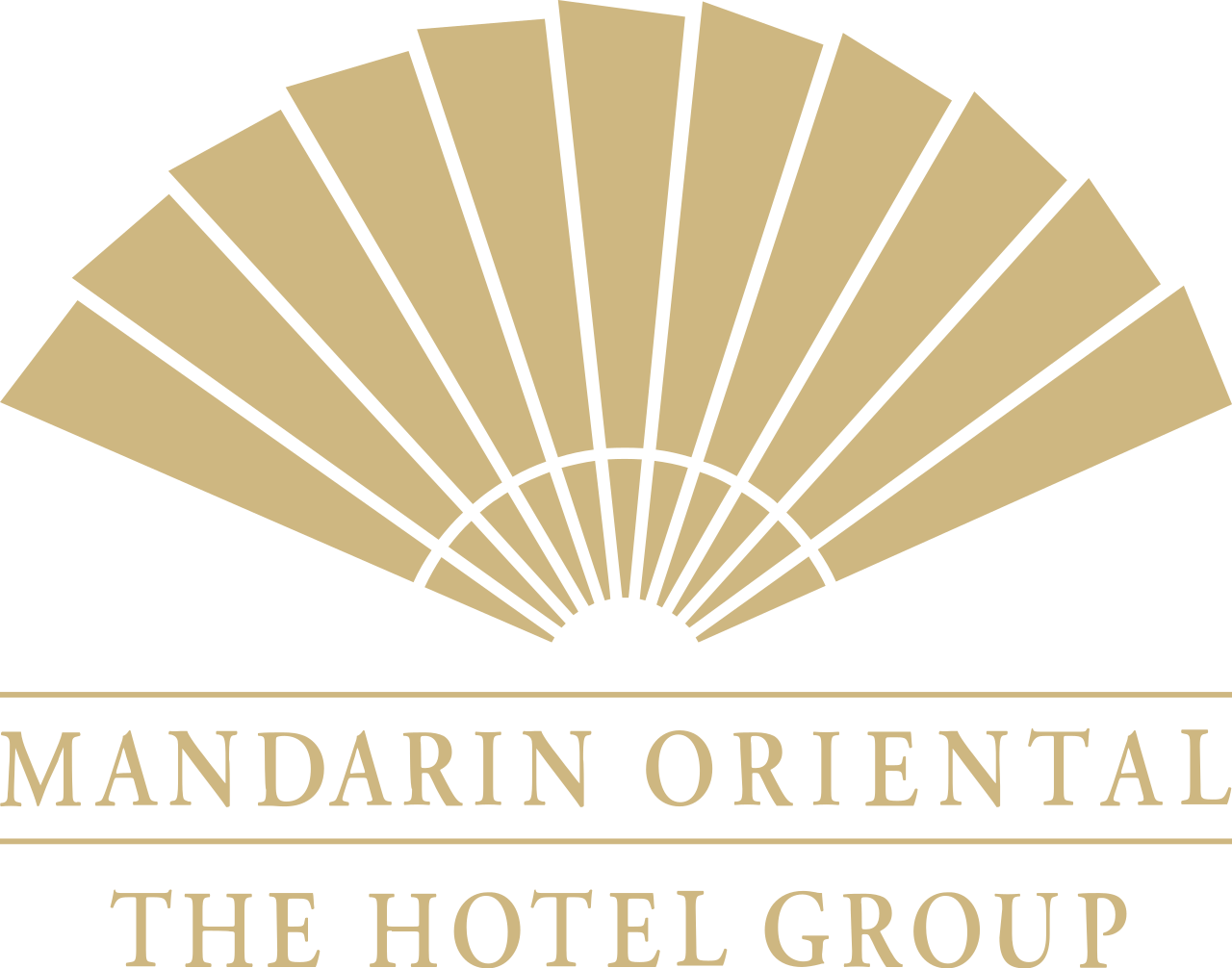 Logo of Mandarin Oriental Hotel Group featuring a beige fan and gold text