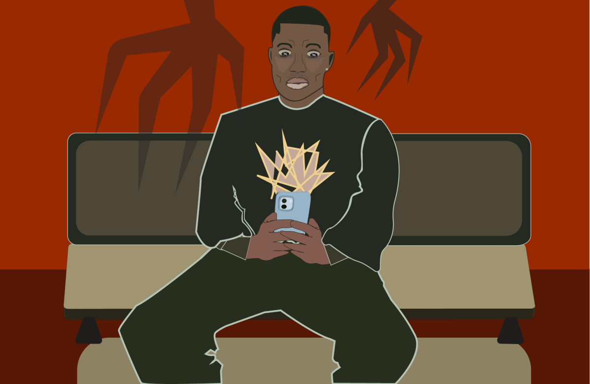 A person sitting on a bench, looking at a smartphone with a crack and lightning bolts emanating from it, while dark, shadowy figures loom in the background, suggesting a sense of fear or danger.