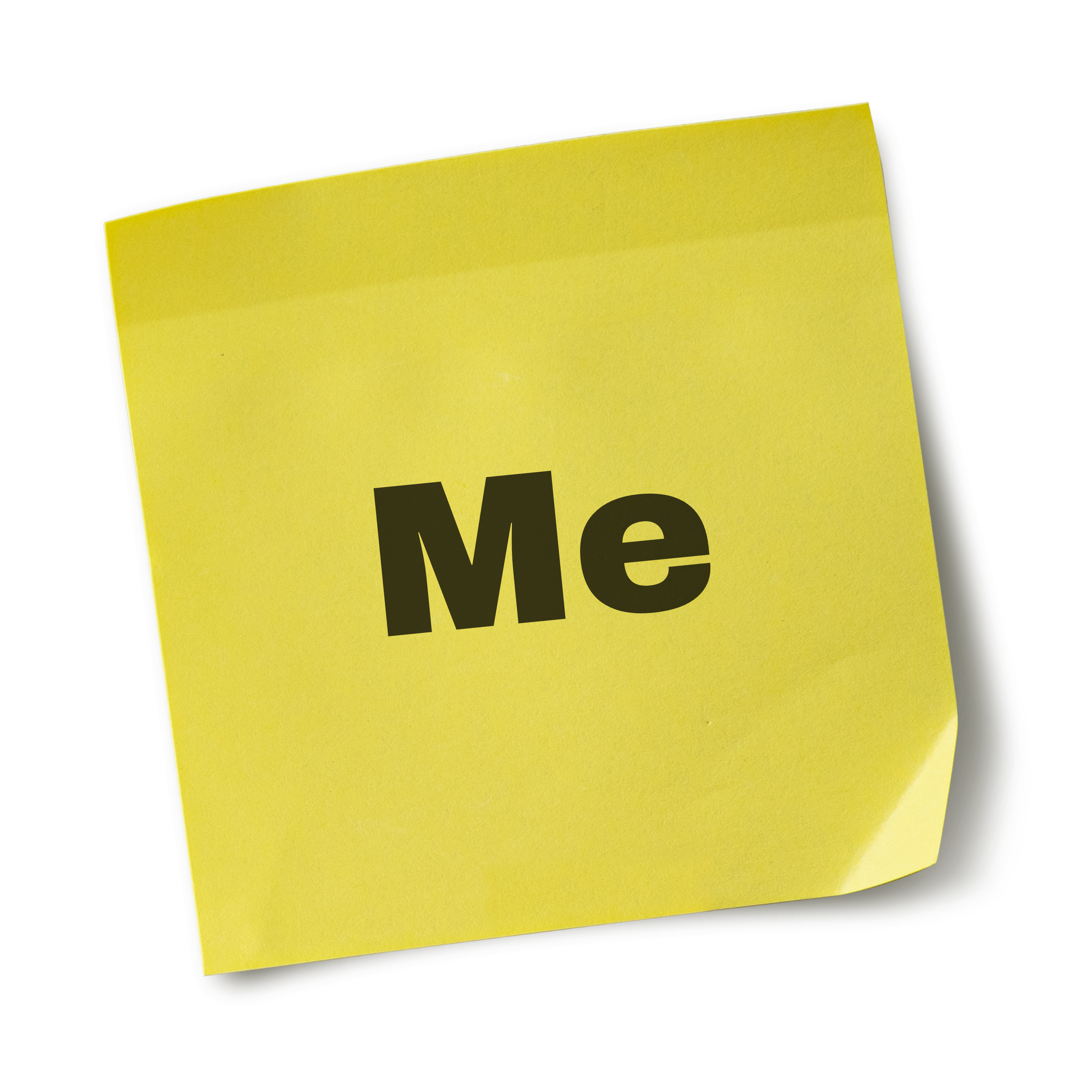 Image of a yellow sticky note with the black text "Me" placed on it.