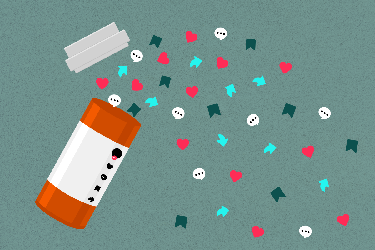 An image of an overflowing bottle of pills with various floating icons, including hearts, speech bubbles, arrows, and squares, on a green background.