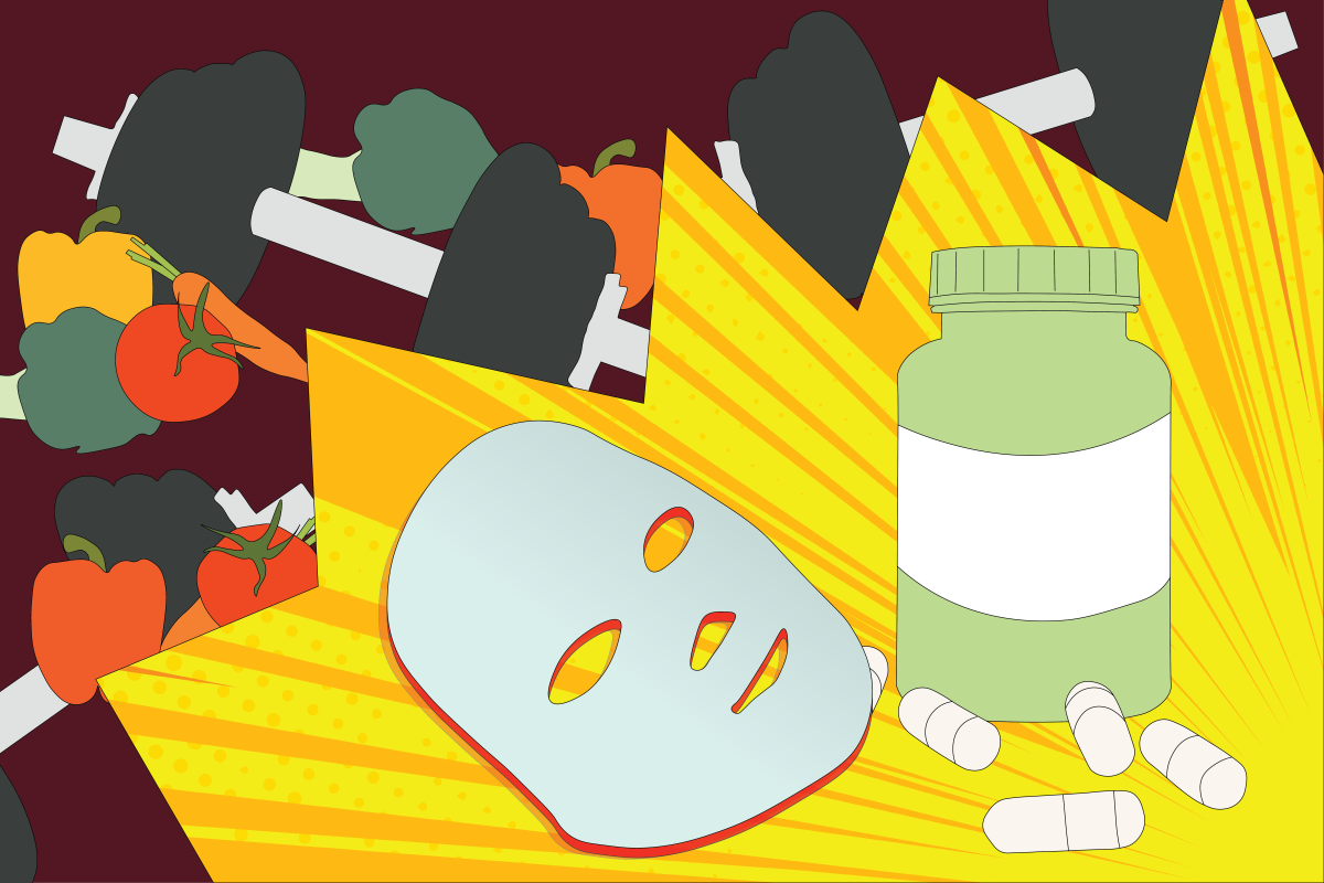 Vegetables, a mask, a bottle of supplements, and pills on a yellow surface with a dark background.