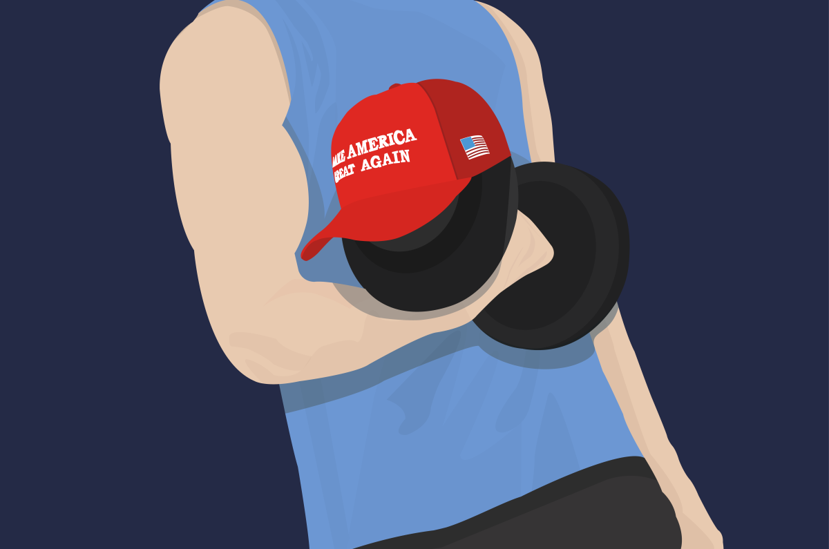 A person holding a pair of black dumbbells, wearing a red "Make America Great Again" hat with an American flag patch on the side.