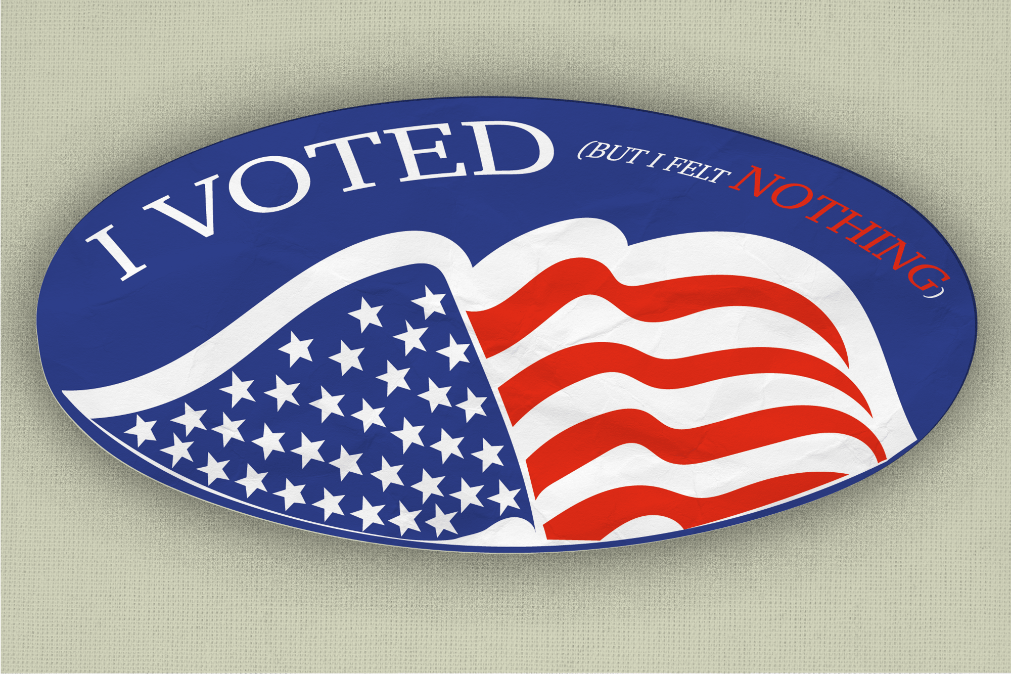 A patriotic sticker with the American flag and the text 'VOTED' at the top, and '(BUT I FELT NOTHING)' in smaller red font to the right.