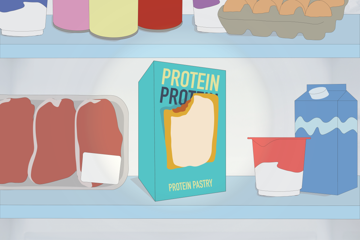Shelf in a supermarket with various dairy and protein products, including a blue box labeled "Protein Pastry," a carton of milk, a yogurt cup, and trays of raw meat.