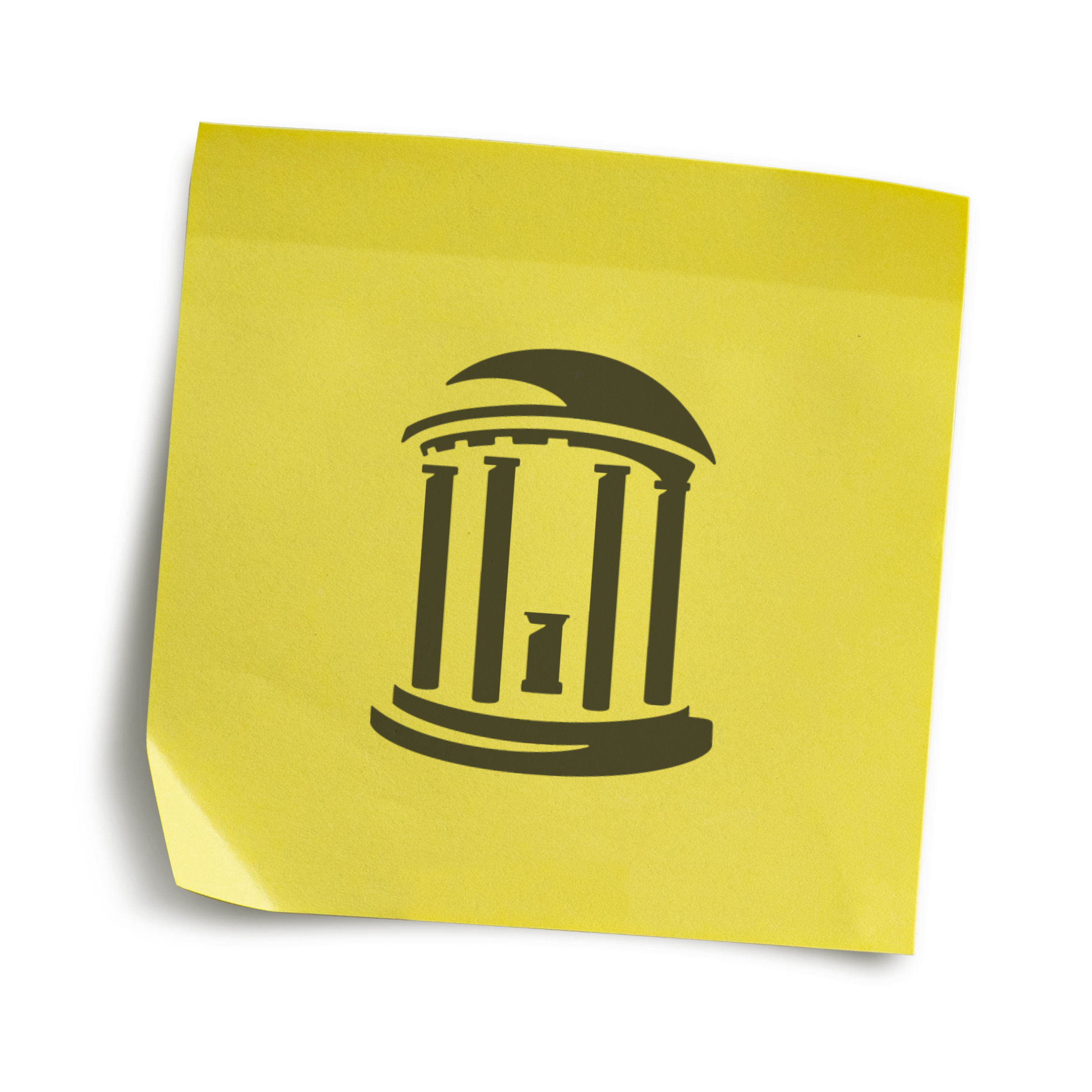 Image of a yellow sticky note with the black a black version of the UNC old well logo on it.