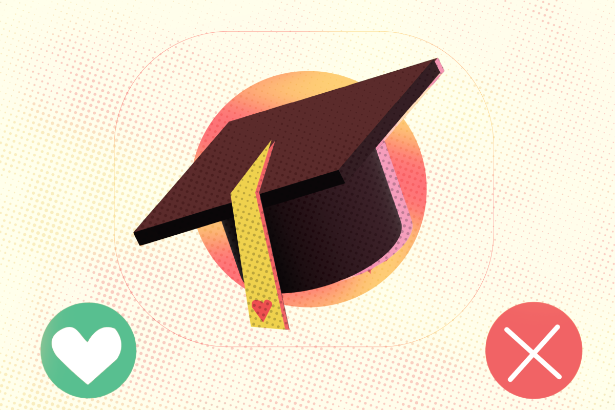 Digital illustration of a graduation cap with a yellow tassel, set against a peach and yellow background with a pink circle behind the cap.
