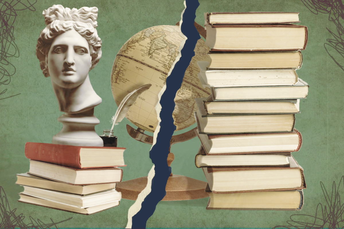 A collage with a green background featuring a classical statue bust on a stack of books, an old globe with a feather quill, and two stacks of books on each side, separated by a torn paper effect.