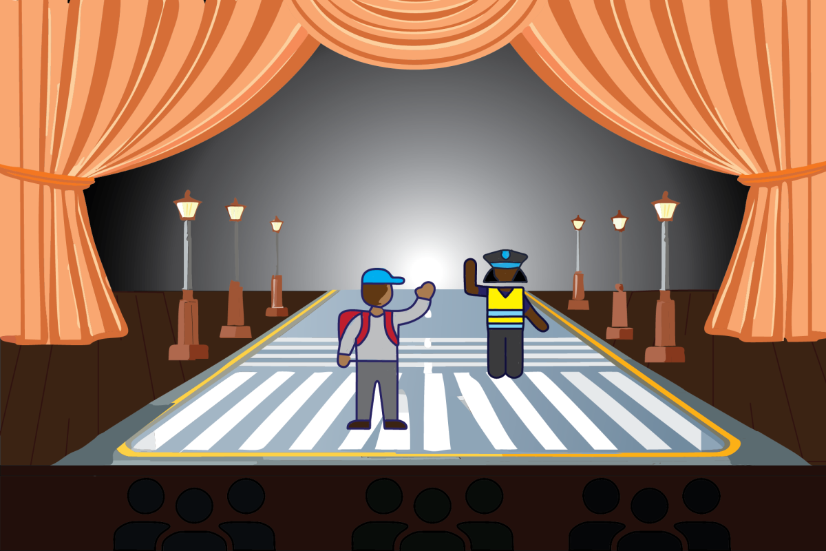 A cartoon scene with a stage and closed orange curtains on either side. In the center, a person waving and another person dressed as a police officer standing on a crosswalk, with a dark background and streetlights along the sidewalk.