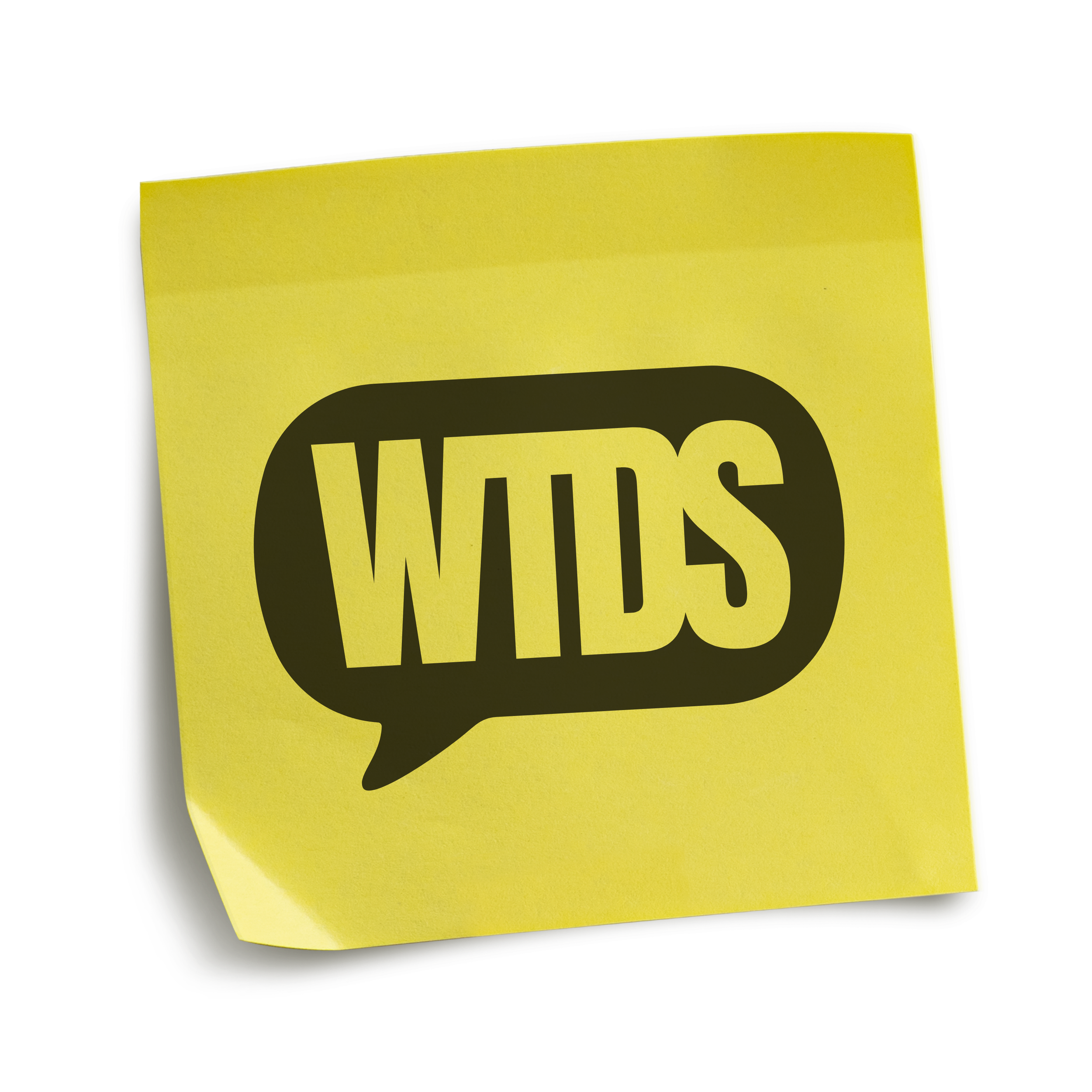 Image of a yellow sticky note with the black a black version of the WTDS logo on it.