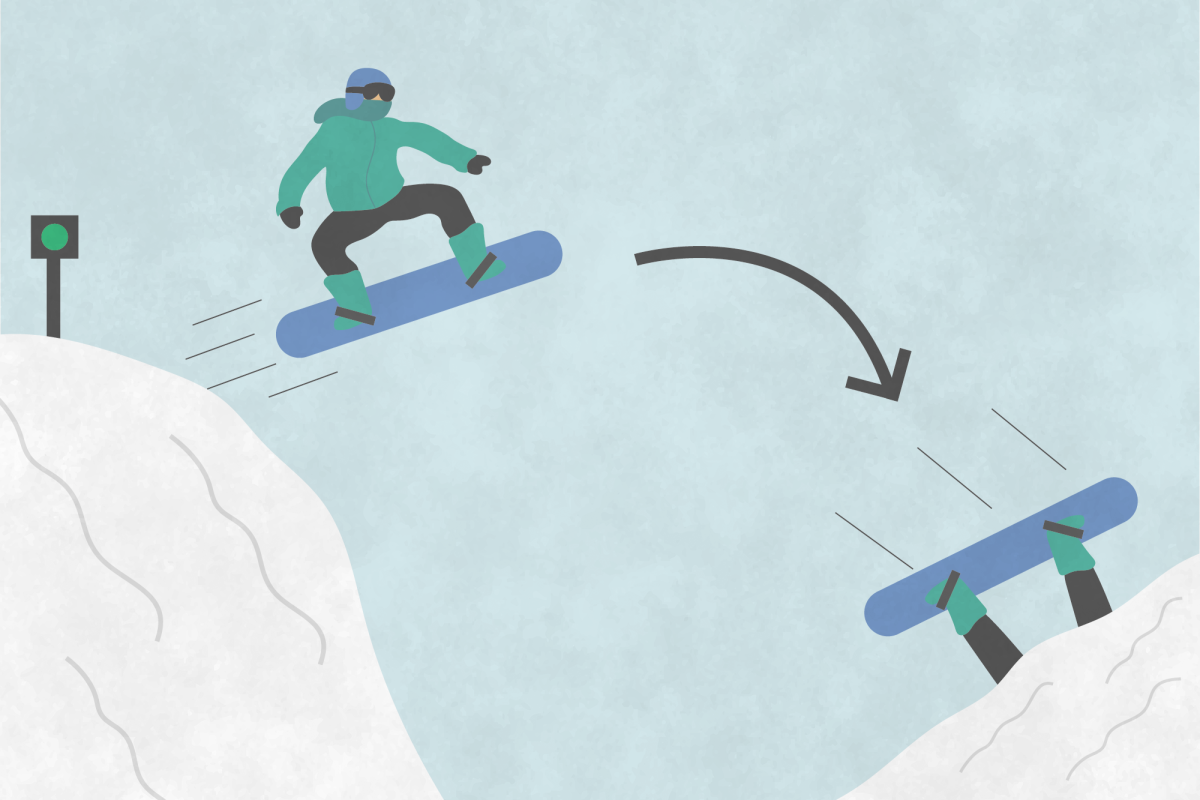Illustration of a snowboarder jumping from a snow-covered slope to a platform where their snowboard is being held by a person underneath, with a green signal light nearby.